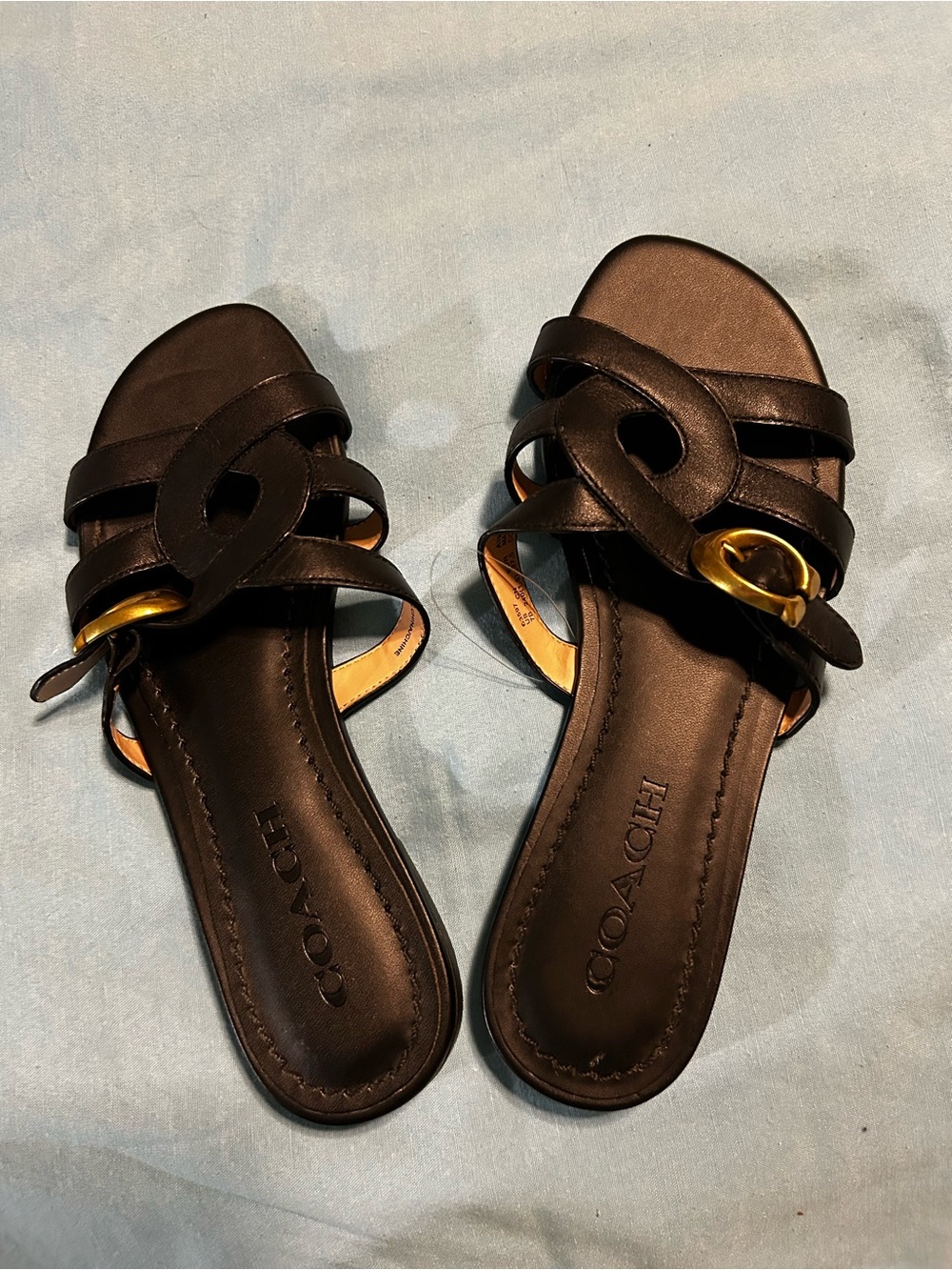 Coach Black Leather Slide Sandals with Gold Accent